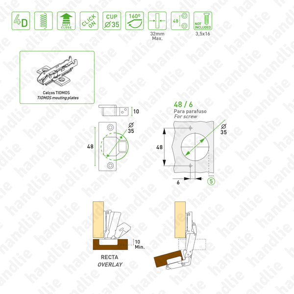 D.GRA.F028.138.926 - Dobradiça "TIOMOS" 160º - Com amortecedor - Afinação 4D | GRASS