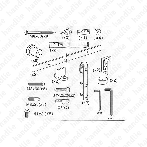 KIT.1005.3000 - Roda Ø70mm - C/ Softbrake - Sistema para divisões e portas correr de passagem em madeira - até 80Kg por folha - Portas 1,5 metros
