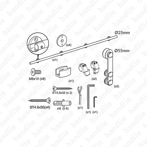 SC.KIT.IN.110/2000 - Sistema em inox para divisões e portas correr de passagem em vidro - até 80Kg por folha - Portas 1 metro