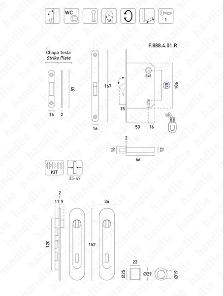 KIT F.11 - Kit Fechadura com conchas ovais com Botão + Botão e chave