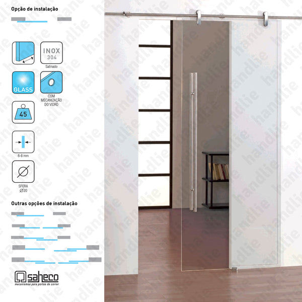 SV-I46 - Jogo de roldanas e perfil para portas de correr passagem em vidro - Até 45Kg - INOX | SAHECO