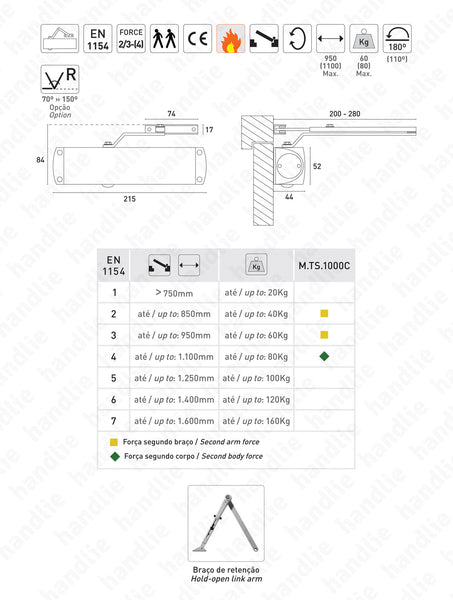 TS.1000C - Mola aérea com braço articulado - GEZE - Força 2/3 - 80Kg | GEZE