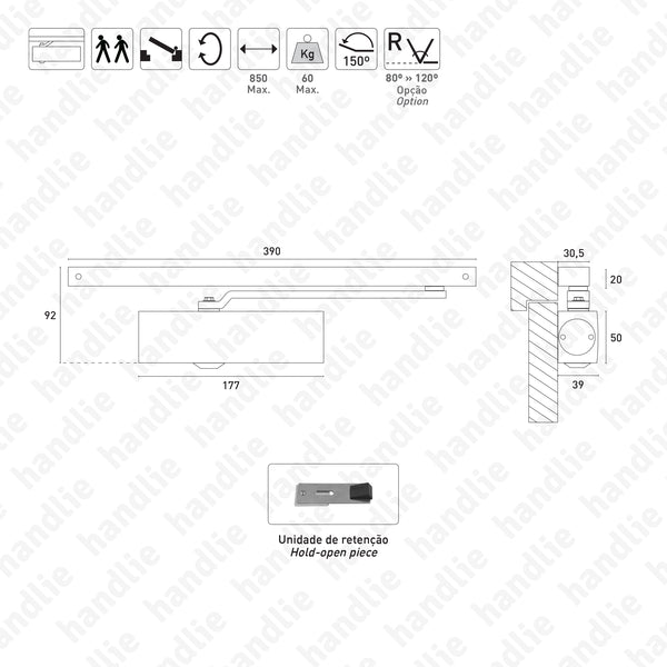 TS.1500 - Mola aérea com braço articulado - GEZE - Força 3/4 - 80Kg - Preto/Branco | GEZE
