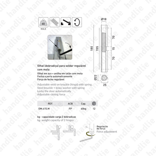 OM.415.M - Olhal (dobradiça) para soldar regulável com mola - Aço
