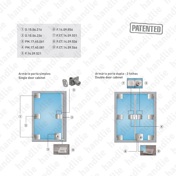 F.14.09.556 Passion Glass - Square - Fechadura para portas de vidro dupla - 2 folhas