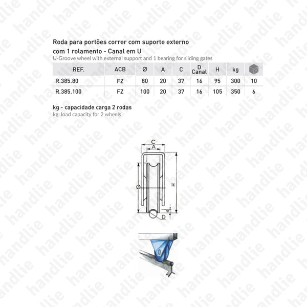 R.385 - Roda com suporte externo e canal U / 1 rolamento