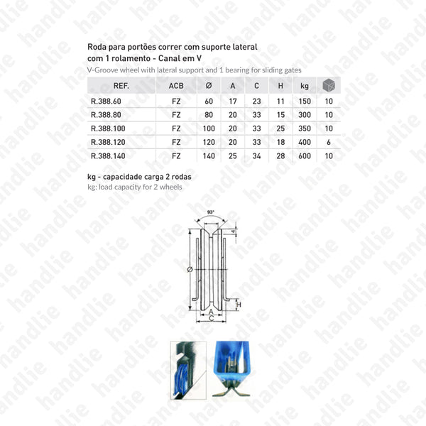 R.388 - Roda com suporte lateral e canal V / 1 rolamento