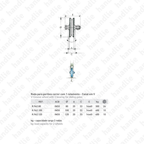 R.962 - Roda com canal V / 1 rolamento - Inox