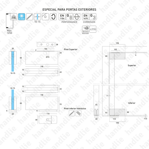 SIV.152 - Jogo pivot hidráulico - Especial para portas em vidro exteriores - INOX
