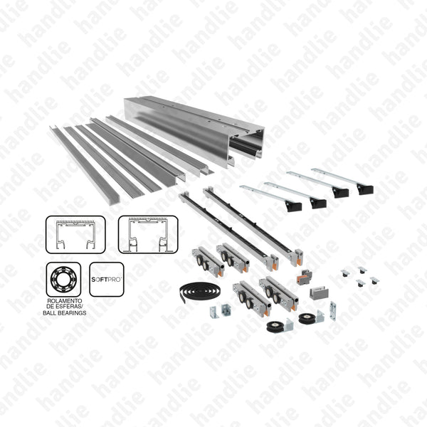 KIT SV-T-PRO X110 Multiplo Compact Glass - Kit completo para portas de correr passagem em vidro + SOFTPRO DUPLO p/ portas de 10mm até 110kg | SAHECO