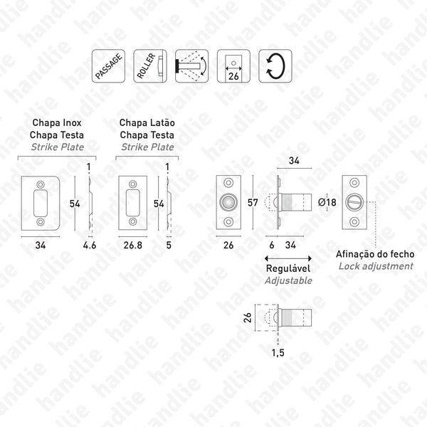 T.413.5.00 com esfera - Trinco passagem tubular com roleto de esfera - Inox / Latão