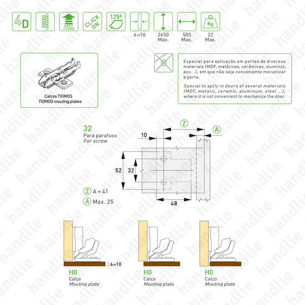 D.GRA.F029.140.331 - Dobradiça "TIOMOS" M0 125º - Dobradiça sem copo - Com amortecedor - Afinação 4D | GRASS